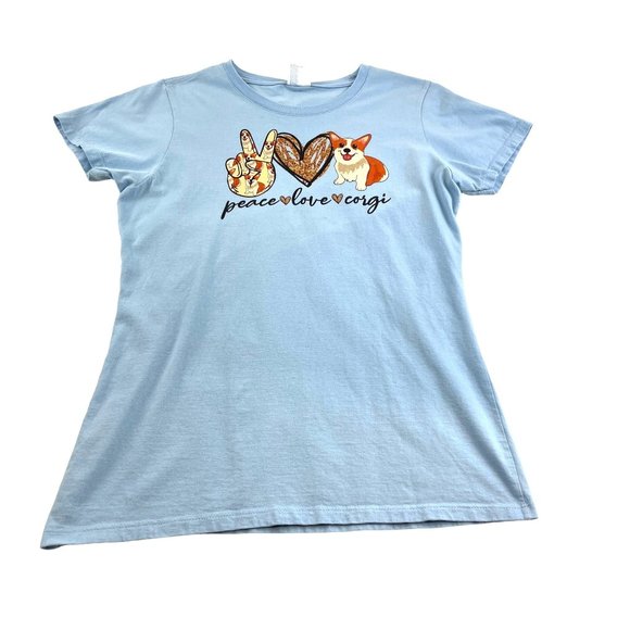 Peace Love & Corgi Light Blue Women's Ring Spun 100% Cotton Graphic Tee Sz S - Picture 1 of 7